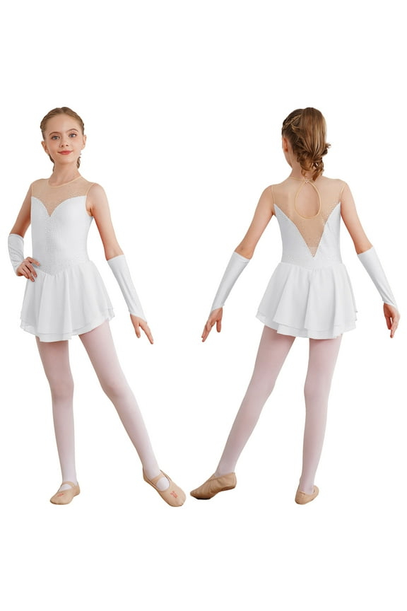 Girls Ice Figure Skating Dress Latin Dance Competition Gymnastics Skirt Leotard with Gloves White 6