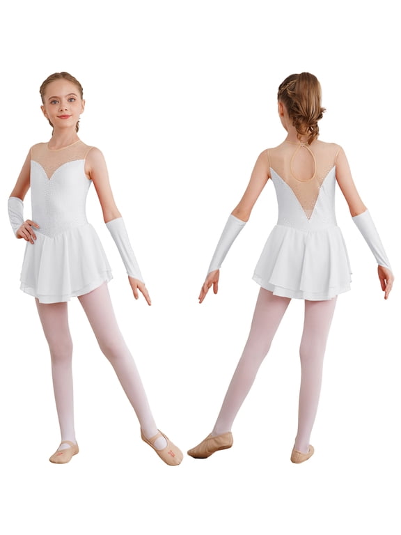 Girls Ice Figure Skating Dress Latin Dance Competition Gymnastics Skirt Leotard with Gloves White 8
