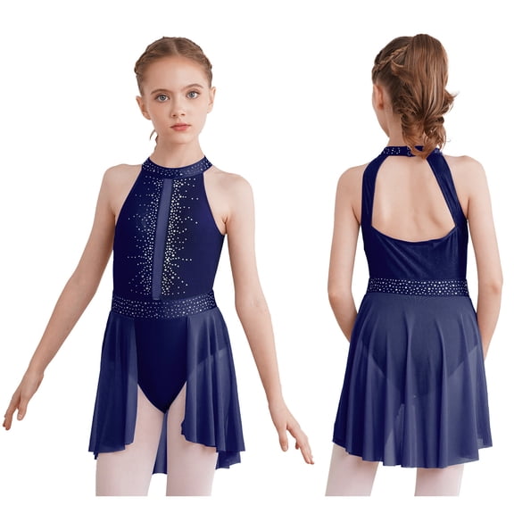 iiniim Girls Ice Figure Skating Leotard Sheer Mesh Latin Dance Competition Dress A Navy Blue 6