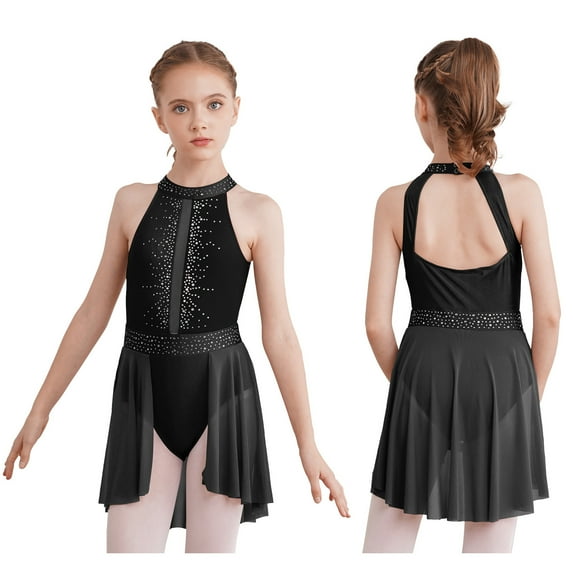 iiniim Girls Ice Figure Skating Leotard Sheer Mesh Latin Dance Competition Dress Black 6