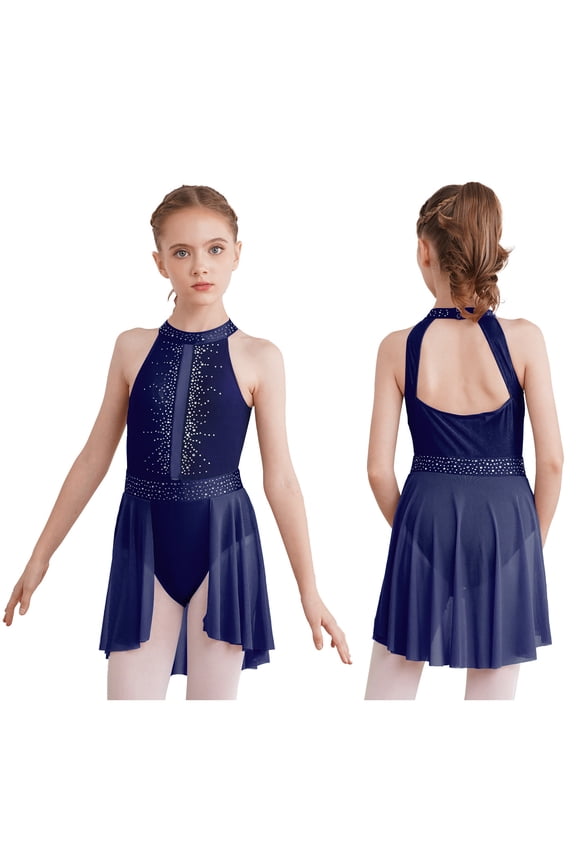 Girls Ice Figure Skating Leotard Sheer Mesh Latin Dance Competition Dress A Navy Blue 6