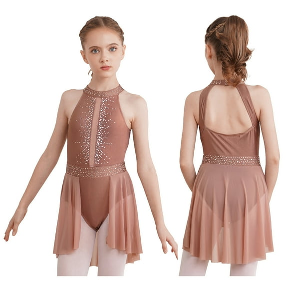 iiniim Girls Ice Figure Skating Leotard Sheer Mesh Latin Dance Competition Dress Coffee 6