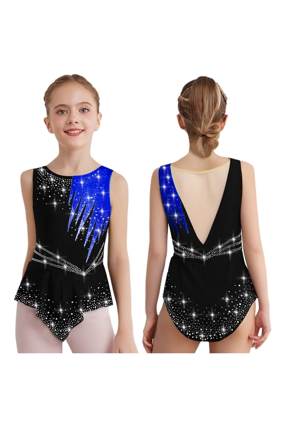 Girls Ice Skating Dress Cha-Cha Rhythmic Gymnastics Competitions Training Skirted Leotard Blue 6