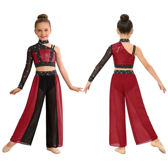 iiniim Girls Jazz Dance Colored Patch Party Wear Shiny Embellishment Modern Stage Contest Top with Pants Burgundy 16
