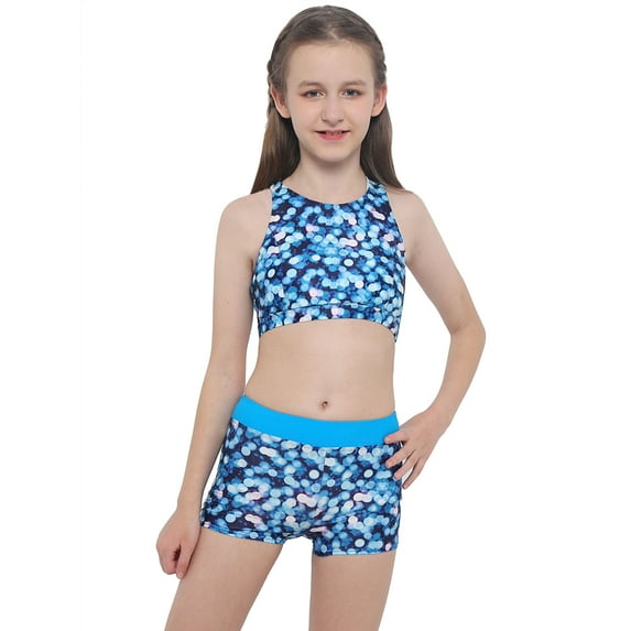 iiniim Girls' Kids 2-Piece Active Dance Sport Outfits Racer Back Top and Booty Short Gymnastics Size 4-14 A Blue 10