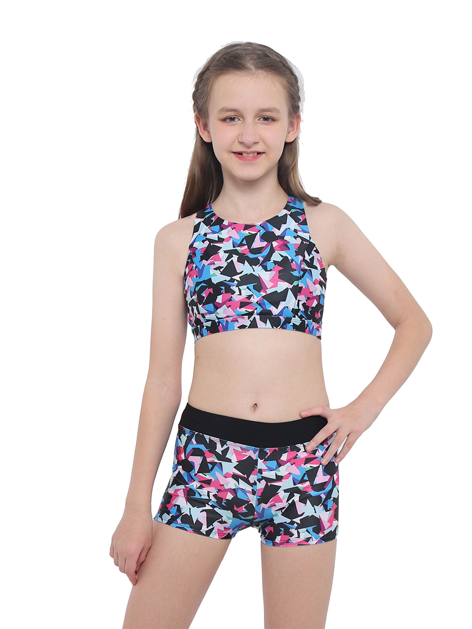 iiniim Girls' Kids 2-Piece Active Set Dance Sport Outfits Racer Back Top  and Booty Short Gymnastics Size 4-14 Colorful 12 