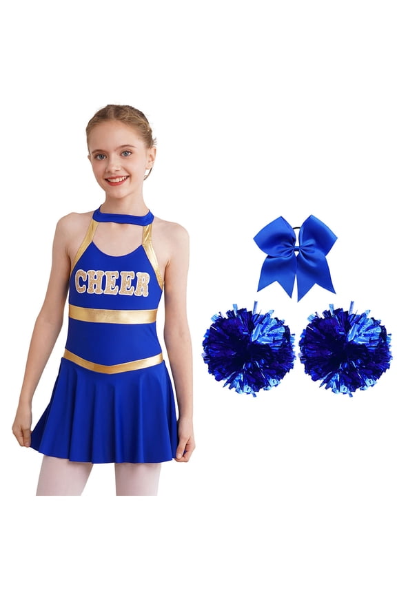 Girls Kids Cheer Leader Uniform Shiny Cheerleading Dance Dress Outfits Party A Royal Blue 8
