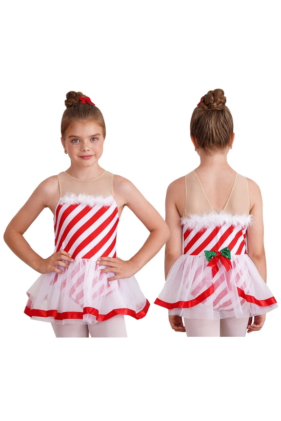 Girls Kids Christmas Mrs. Claus Costume Striped Candy Cane Tutu Dress Xmas Dance Party Dress up Size 6-16 Red 12
