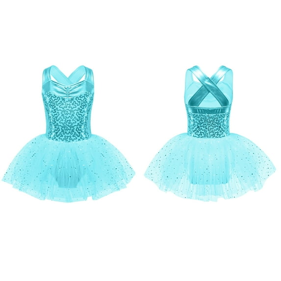 iiniim Girls Kids Sequined Hollow Back Strap Ballet Leotards Tulle Tutu Dress 6-16 A Lake Green 8