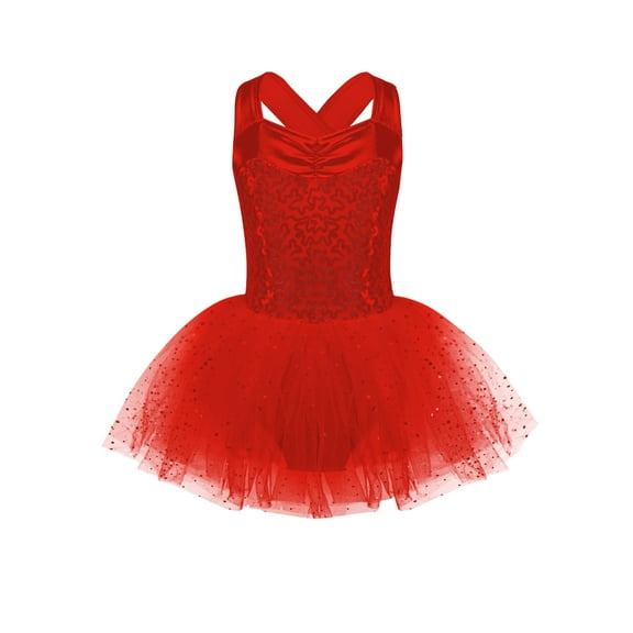 iiniim Girls Kids Sequined Hollow Back Strap Ballet Leotards Tulle Tutu Dress 6-16 Red 10
