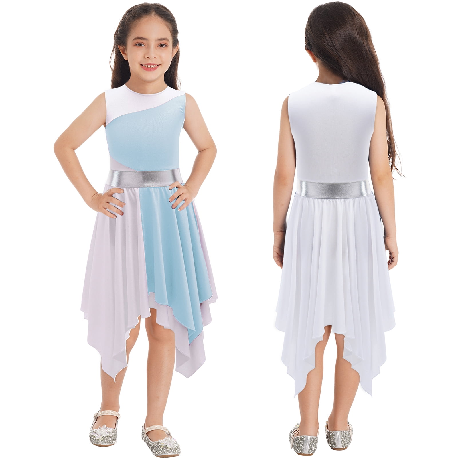 Women's Metallic Color Block Ballet Dress - Sleeveless Asymmetrical Worship Dance Dress