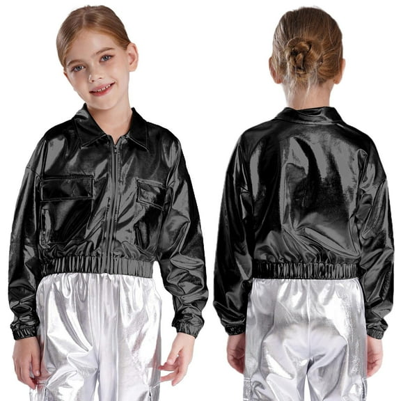 iiniim Girls Kids Sequins Hip Hop Jazz Outerwear Shiny Metallic Bomber Jacket Coat Disco Party Black 16