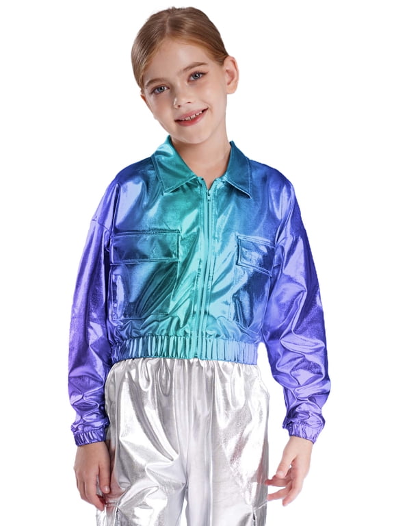 Girls Kids Sequins Hip Hop Jazz Outerwear Shiny Metallic Bomber Jacket Coat Disco Party Blue 12