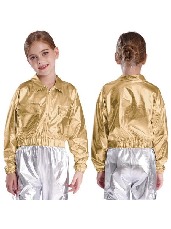 Girls Kids Sequins Hip Hop Jazz Outerwear Shiny Metallic Bomber Jacket Coat Disco Party Gold 6