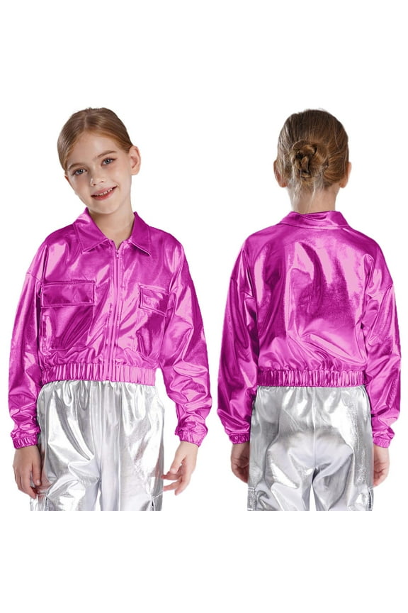 Girls Kids Sequins Hip Hop Jazz Outerwear Shiny Metallic Bomber Jacket Coat Disco Party Hot Pink 6