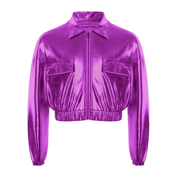 iiniim Girls Kids Sequins Hip Hop Jazz Outerwear Shiny Metallic Bomber Jacket Coat Disco Party Purple 12