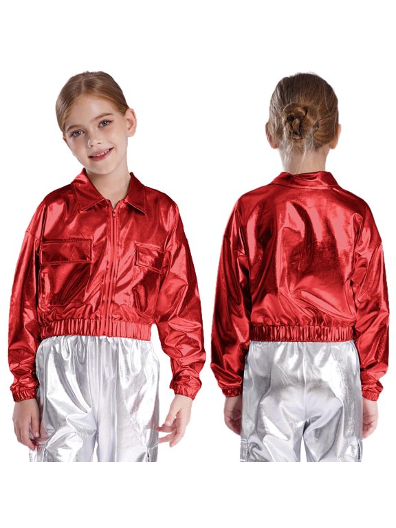Girls Kids Sequins Hip Hop Jazz Outerwear Shiny Metallic Bomber Jacket Coat Disco Party Red 6