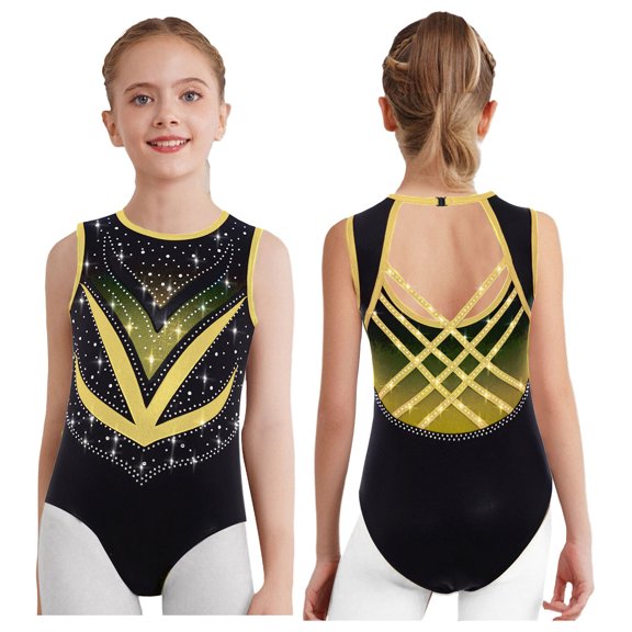 iiniim Girls Sleeveless Gymnastics Leotard Sparkly Rhinestone Dance Jumpsuit Contrast Color Tank Unitard Gold 6