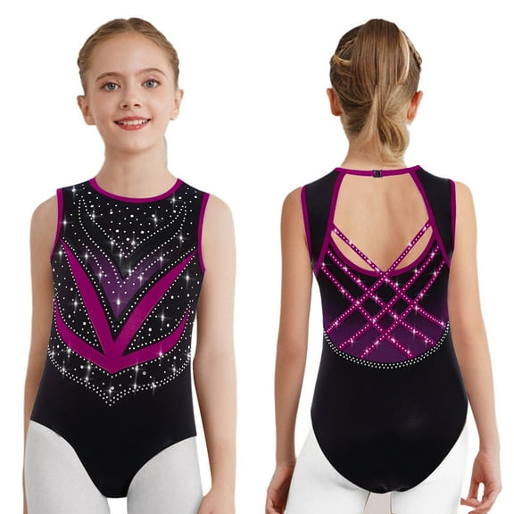 iiniim Girls' Gymnastics Leotards Mesh Patchwork Dance Unitard Skating Jumpsuit Ballet Dancewear Purple 6