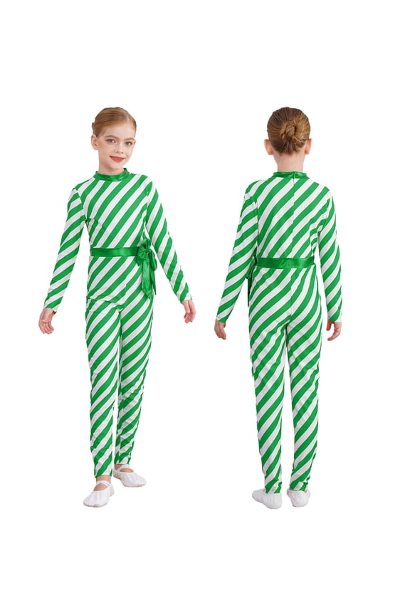 Girls Kids Xmas Candy Cane Striped Unitard Sequins Ruffle Jumpsuit Ballet Dance Cheer Performance Size 6-16 Green 16