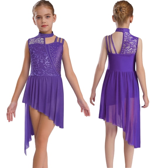 iiniim Girls Lace Lyrical Dance Mesh Skirted Leotard Dress Sleeveless Modern Contemporary Dancewear Purple 6