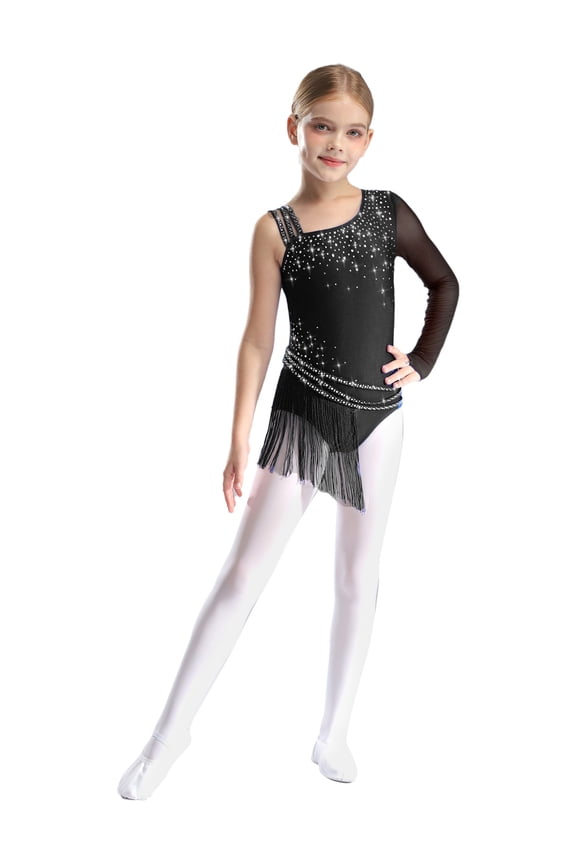 Girls Latin Dance Dress Asymmetric Long Sleeve Mesh Rhinestones Leotard Tassels Ballroom Dancing Costume Black 6
