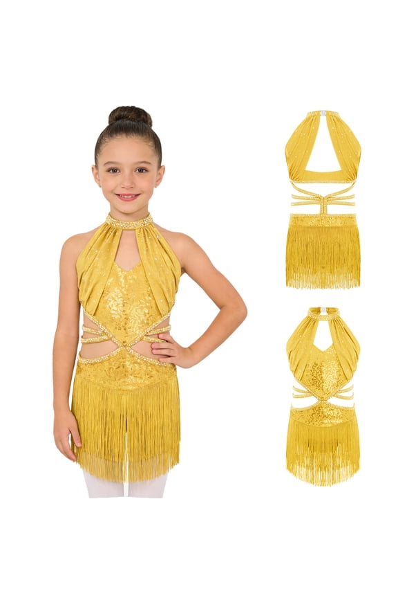 Girls Latin Dance Glittery Sequins Tassel Leotard Dress Modern Jazz Cha Cha Dancewear Yellow 6