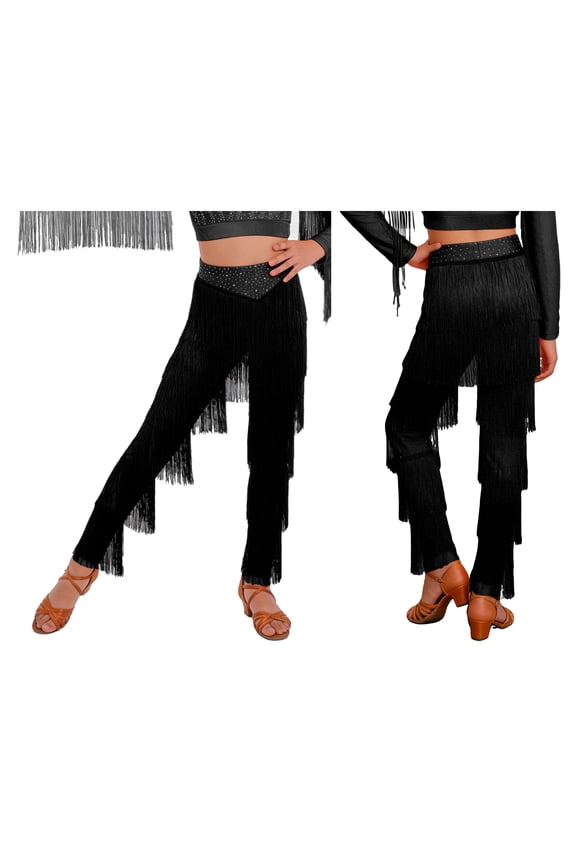 Girls Latin Dance Tassel Ballroom Cha Cha Rumba Tango Salsa Practice Pants Party Performance Trousers Black 10