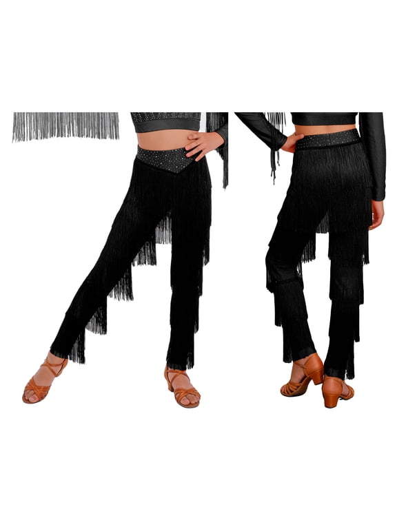 Girls Latin Dance Tassel Ballroom Cha Cha Rumba Tango Salsa Practice Pants Party Performance Trousers Black 8