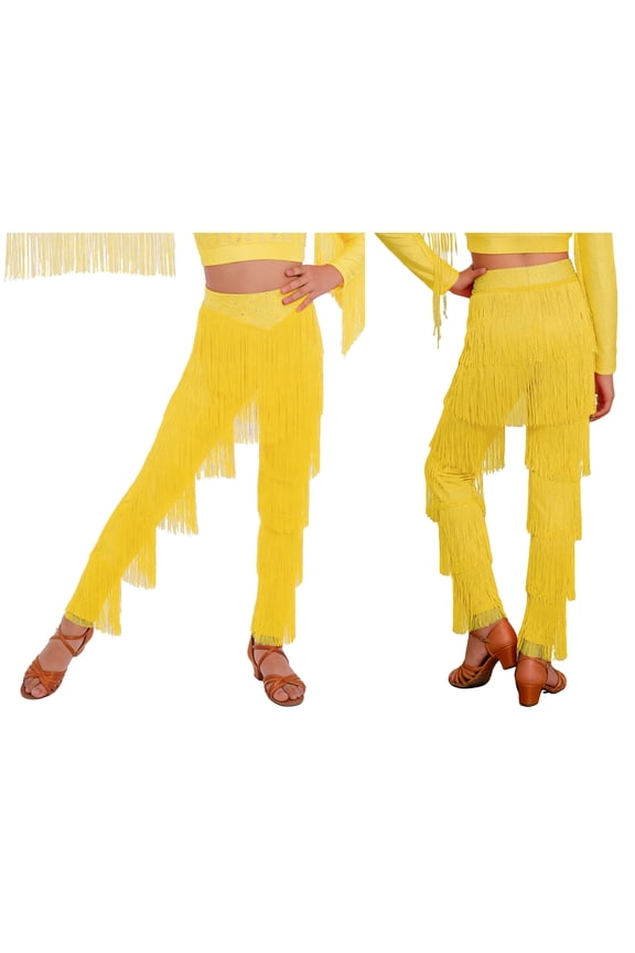 Girls Latin Dance Tassel Ballroom Cha Cha Rumba Tango Salsa Practice Pants Party Performance Trousers Yellow 14