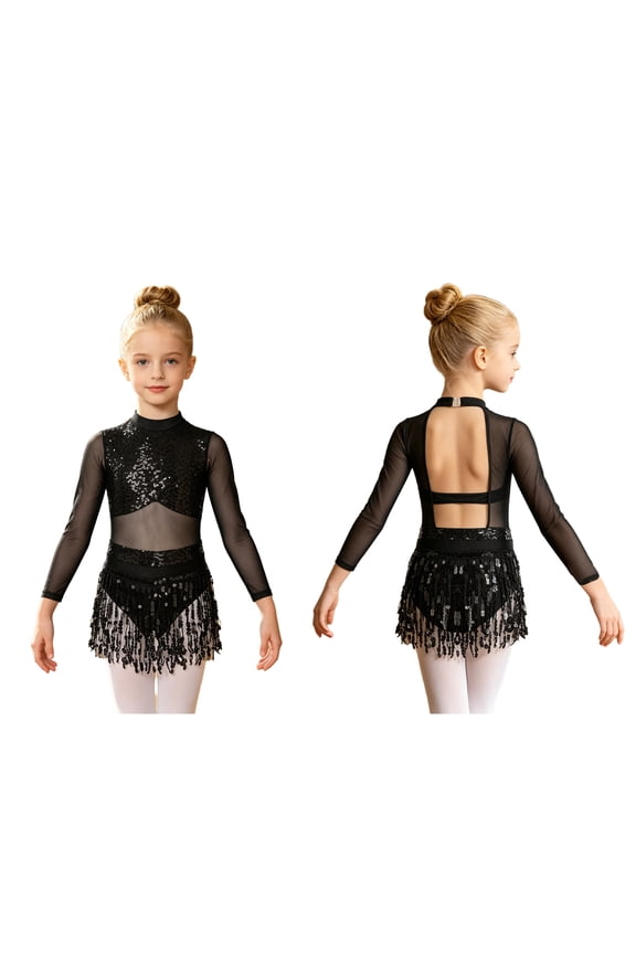 Girls Sequin Tassel Latin Ballet Dance Leotard Dress Long Sleeve Gymnastic Jazz Chacha Belly Dancewear Black 14