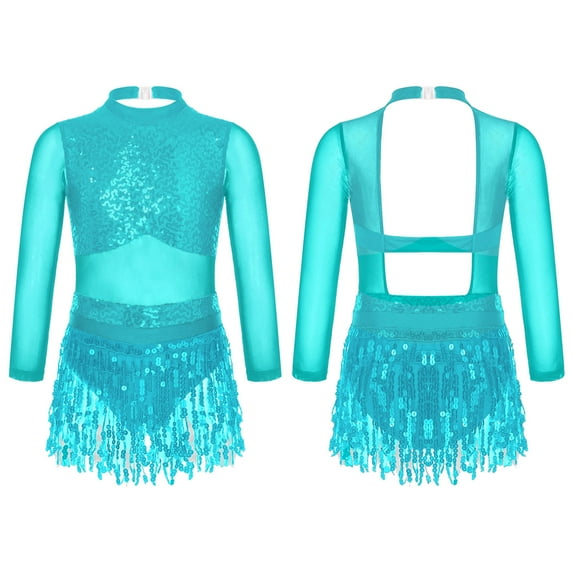 iiniim Girls Latin Salsa Ballet Dance Dress Mock Neck Sequin Long Sleeve Mesh Leotard with Tassel Skirt 6-16 Light Blue 8