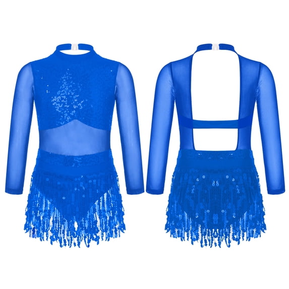 iiniim Girls Latin Salsa Ballet Dance Dress Mock Neck Sequin Long Sleeve Mesh Leotard with Tassel Skirt 6-16 Royal Blue 10