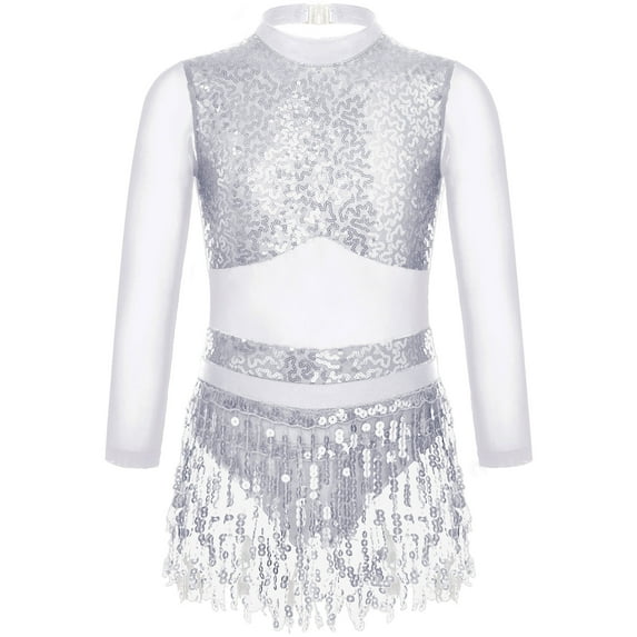 iiniim Girls Latin Salsa Ballet Dance Dress Mock Neck Sequin Long Sleeve Mesh Leotard with Tassel Skirt 6-16 Silver 12