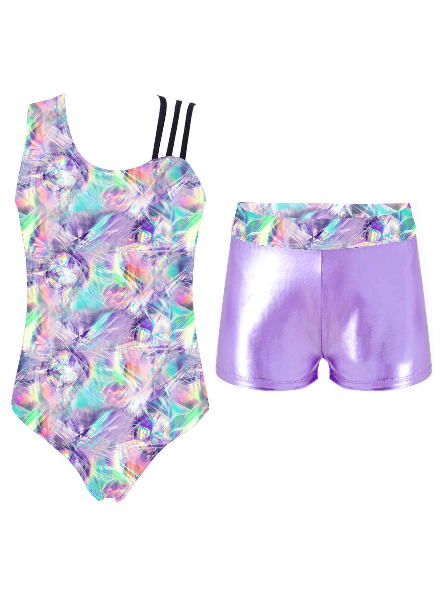 Girls' Long Sleeve Gymnastics Leotard & Shorts Set – Shiny Purple Biketard For Ballet, Dance, Yoga – Size 8 Years