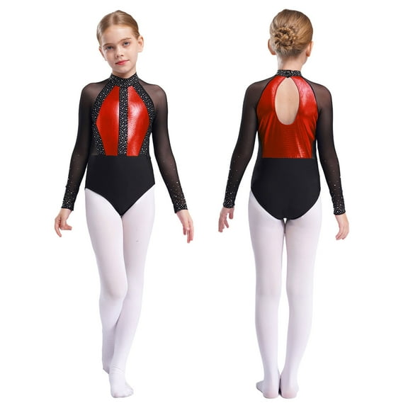 iiniim Girls Leotard Shiny Color Block Long Sleeve Gymnastic Athletic Bodysuit for Yoga Sports Dancewear Red 8