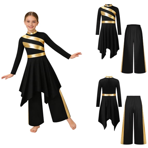 iiniim Girls Asymmetrical Lyrical Praise Dance Dress Liturgical Worship Church Robe with Palazzo Pants Set Black 10