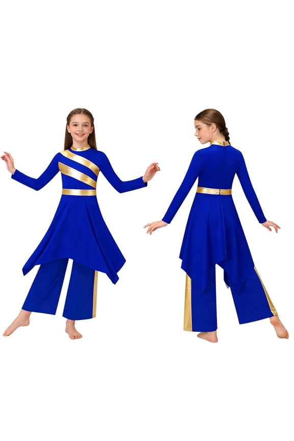 Girls Liturgical Praise Dance Dress Worship Asymmetric Tunic with Palazzo Pants Outfit Blue 6