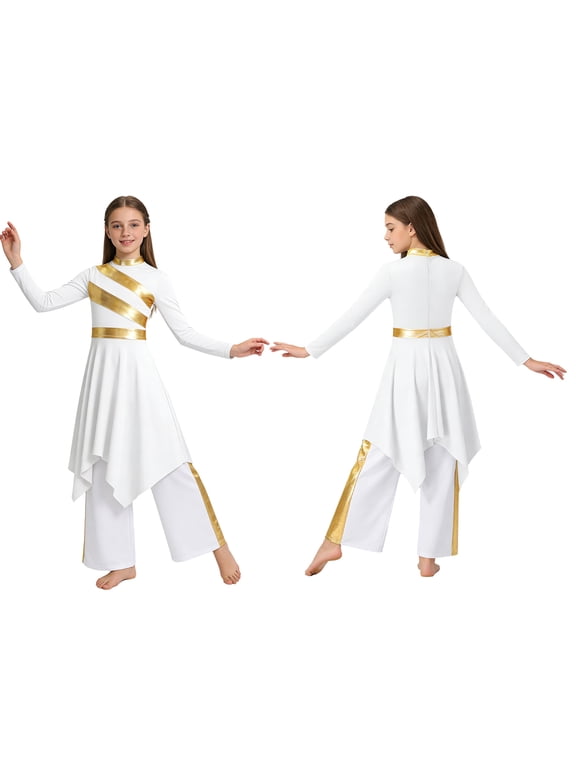 Girls Asymmetrical Lyrical Praise Dance Dress Liturgical Worship Church Robe with Palazzo Pants Set White 6