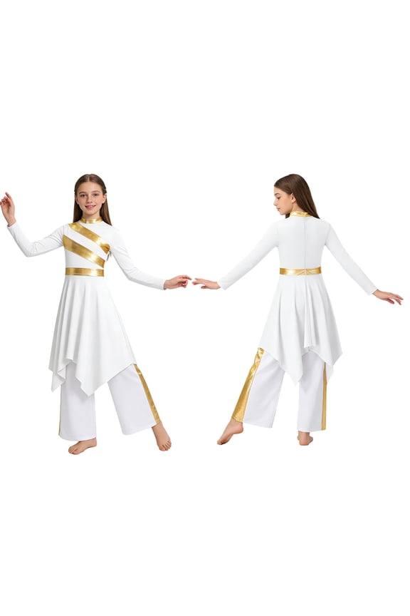 Girls Asymmetrical Lyrical Praise Dance Dress Liturgical Worship Church Robe with Palazzo Pants Set White 8