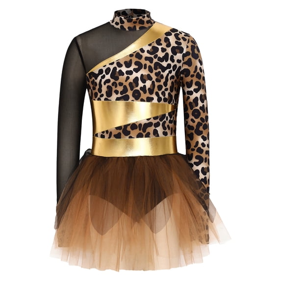iiniim Girls Long Sleeve Ballet Leotard Leopard Print Dress Cosplay Dancewear Brown 16