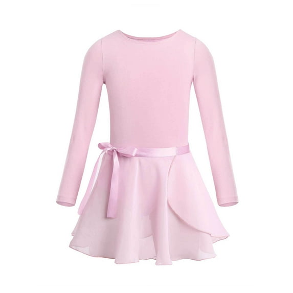 iiniim Girls Long Sleeve Ballet Leotard with Bowknot Chiffon Skirt Outfit Set Gymnastic Dancewear