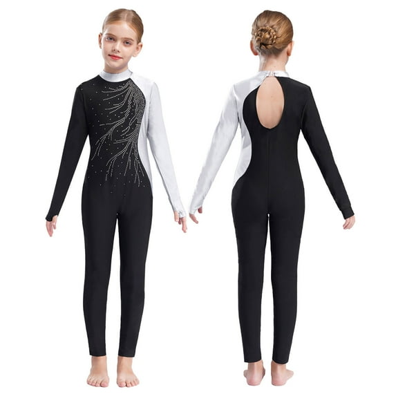 iiniim Girls Long Sleeve Full Body Unitard Gymnastics Leotard Rhinestone Ballet Dance Jumpsuit 4-16