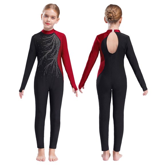 iiniim Girls Long Sleeve Full Body Unitard Gymnastics Leotard Rhinestone Ballet Dance Jumpsuit 4-16 Burgundy 6