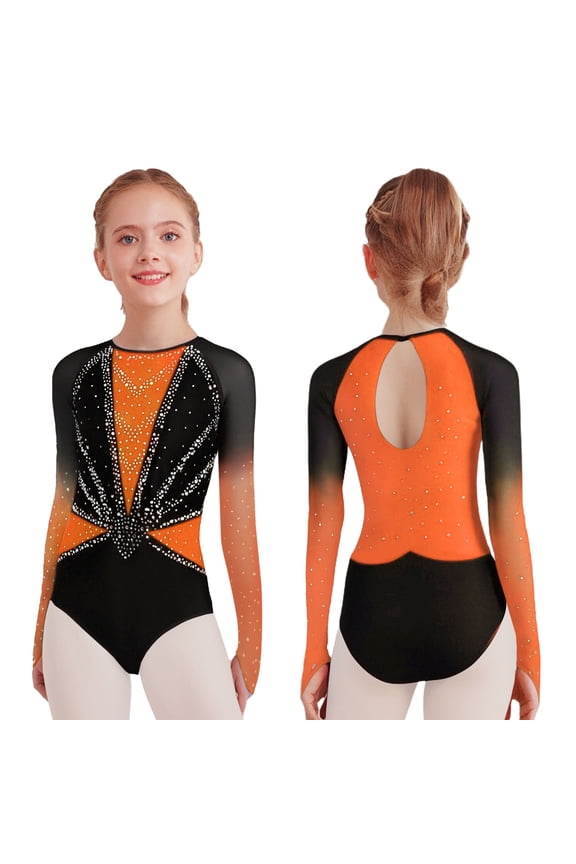 Girls Long Sleeve Gymnastics Leotard Color Block Sparkly Ice Skating Bodysuit Competitions Dancewear Orange 16