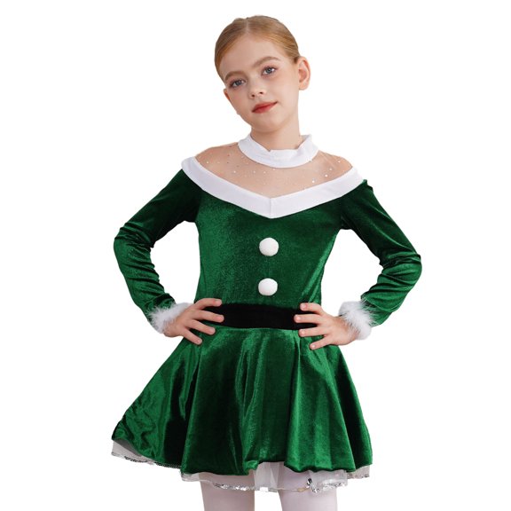 iiniim Girls Long Sleeve Halter Sequins Christmas Dress Velvet Festive Party Role Play Dancewear Green 12