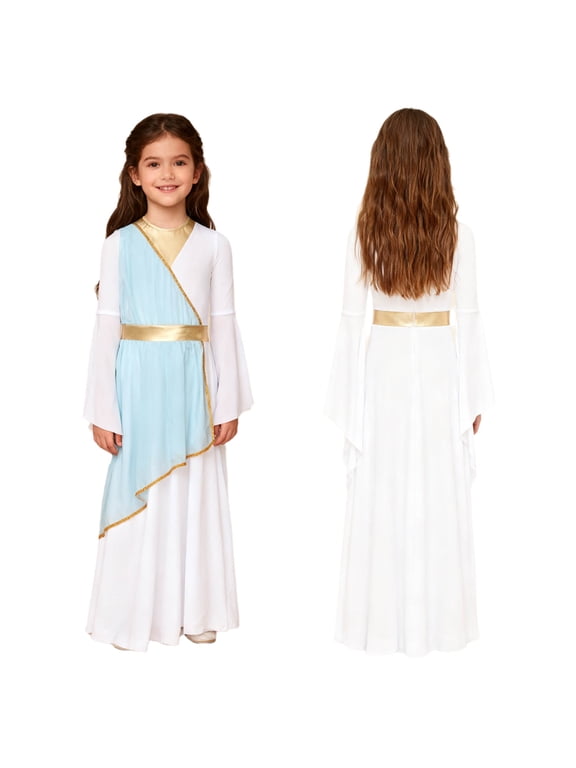 Girls Long Sleeve Liturgical Praise Gown Color Block Lyrical Dance Dress Festivals Light Blue 6