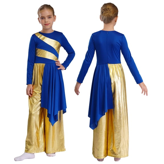 iiniim Girls Long Sleeve Praise Dance Outfit Dress Lyrical Worship Church Robe Metallic Wide-Leg Jumpsuit Blue 8