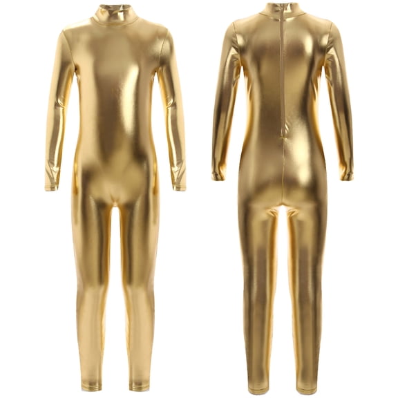 iiniim Girls Long Sleeve Shiny Metallic Jumpsuit Dance Gymnastics Leotard Bodysuits Unitard Dancewear Gold 2-4