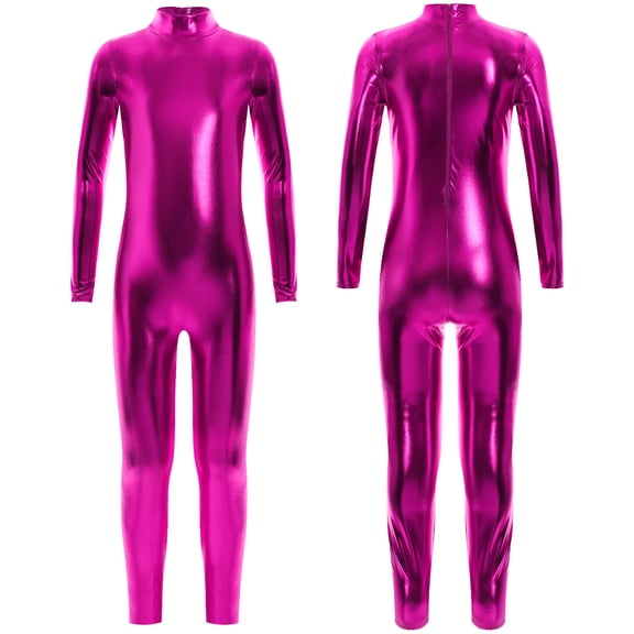 iiniim Girls Long Sleeve Shiny Metallic Jumpsuit Dance Gymnastics Leotard Bodysuits Unitard Dancewear Hot Pink 2-4